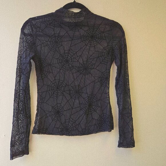 Black Spiderweb Mesh Mock Neck Long Sleeve Top Sheer Goth Halloween Costume XS - Picture 2 of 7